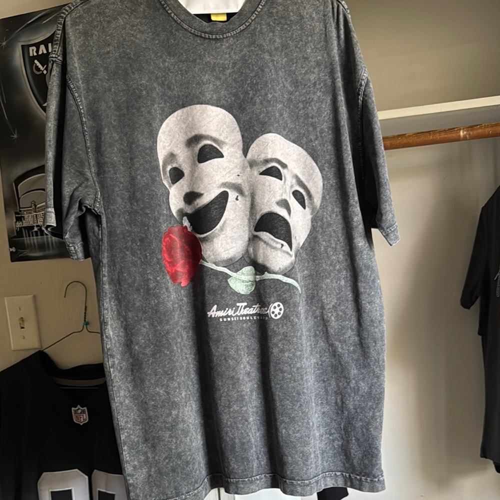 AMIRI Charcoal T-Shirt with Theater Masks and Red Rose